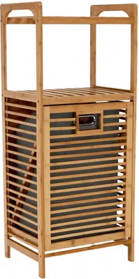 A wooden laundry basket with a gray fabric liner.