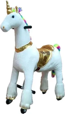 Produktbild von FINOOS Pony Ride Einhorn auf Rollen - Schaukelpferd - Kuscheltier auf Rollen - Einhorn - Tierlaute Pferd - Reiten - Plüschtier - MyPony - Regenbogen (Small - 3-5 Jahre)