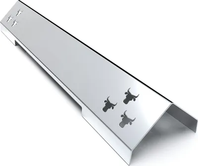 A silver-colored metal grill accessory with cut-out cow head shapes.