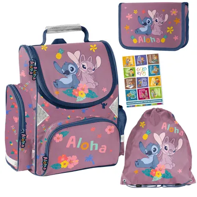 Produktbild von Schulranzen für Jungen und Mädchen, 4er-Set - Schul-Rucksack für Kinder mit Federmäppchen - Schuhbeutel und Hausaufgabenheft - Stitch Motiv