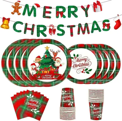 Produktbild von Weihnachtspapier Partygeschirr 114-teilig für 24 Gäste