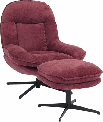 Produktbild von Relaxsessel mit Hocker MCW-P32, Fernsehsessel Nosagfederung, drehbar Metall Stoff/Textil Chenille (370 g/m²) beere