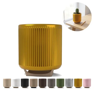 Produktbild von Übertopf geriffelt Mid-Century 9,4 cm auf Dreibein, 3D-Druck PLA – Seidengold