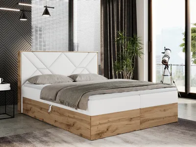 Produktbild von Boxspringbett 200x200 mit Bettkasten, Polsterbett 200x200 mit Matratze H4, Boxspringbett 200x200 mit Kopfteil, Boxspringbett mit Massivholz - Gunar - Weiß Kunstleder - H4