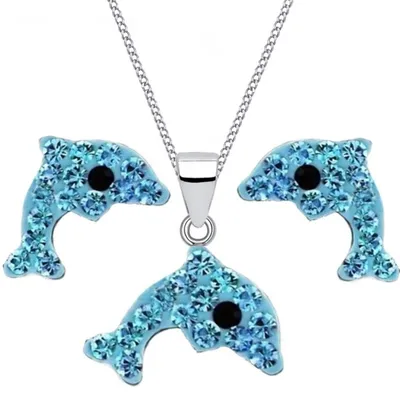 Delfin Schmuckset für Mädchen I Ohrstecker mit Kette I Blau

