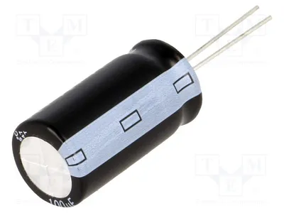 Image de 2 condensateurs : électrolytiques traversants, diamètre 16x30 mm, 250 VDC, 100 µF, tolérance 20%, référence KJ2E101MNN1630, marque Elek