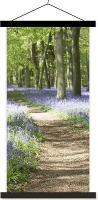 Produktbild von MuchoWow® Textilposter Wald - Weg - Blumen - Lila - Grün - Natur 90x180 cm mit schwarzem Rahmen - Dekoration Wohnzimmer