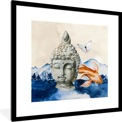 Produktbild von MuchoWow® MuchoWow® Gerahmtes Poster Buddha - Kopf - Fisch 40x40 cm - Poster mit zchwarzem Bilderrahmen - Poster - Plakat im Rahmen