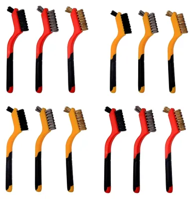 Produktbild von Drahtbürsten-Set, 12 Stück, Messing/Edelstahl/Nylon zur Reinigung mit gebogenem Griff für Rostentfernung und Schmutz