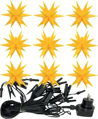 A set of nine yellow star-shaped LED lights with black wires and a plug.