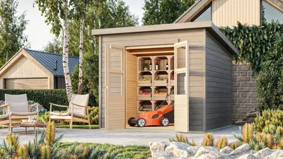 Produktbild von Karibu Gartenhaus Gerätehaus Merseburg 5 vorvergraut 242x214x219 cm