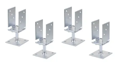 Four metal post anchors are arranged in a group on a white background.