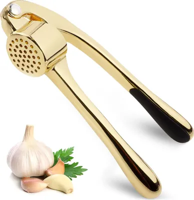 Obrázek produktu pro Prémiový lis na česnek - měkká ergonomická rukojeť pro snadné mačkání, robustní konstrukce pro větší množství česnekové pasty na jeden stroužek, lis na česnek na ořechy a semena, profesionální drtič česneku a lis na zázvor - zlatý