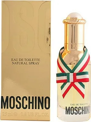 A product shot of a Moschino perfume bottle and its packaging.