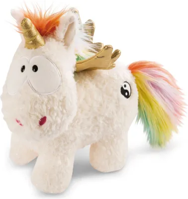 A plush unicorn toy with rainbow-colored mane and tail, and a gold horn and wings.