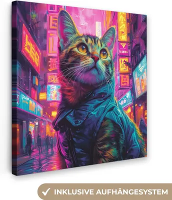 Produktbild von MuchoWow® - Leinwandbilder - Katze - Pop-Art - China - Neon - Stadt, Wandbild, Wanddeko Bilder Wohnzimmer, 50x50 cm
