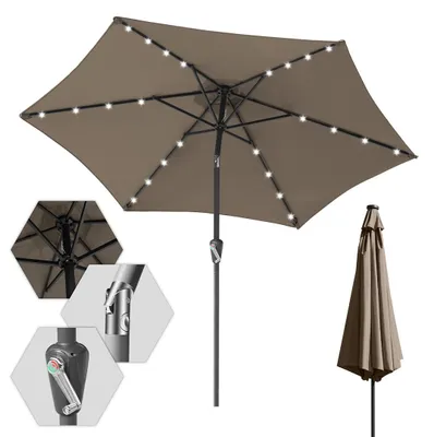 Produktbild von Izrielar 2.7m Sonnenschirm UV50+ Neigbar Sonnenschutz Gartenschirm Strandschirm LED Solar, knickbar, Schirmtuch mit PA-Beschichtung, Taupe