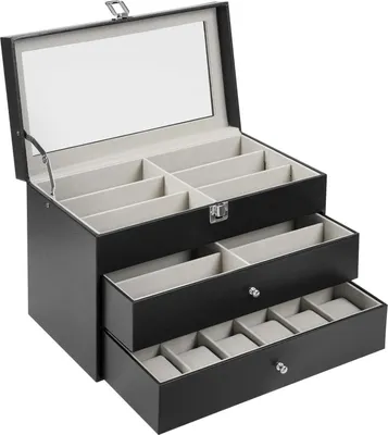 Produktbild von Brillen- und Uhrenaufbewahrungsbox, 3 Schichten, mit Schloss und Schublade, schwarz