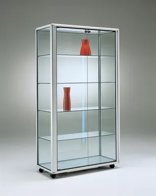 Produktbild von Vitrine mit LED-Streifenbeleuchtung OL9945 - 99 x 45,5 x 184,5 cm, auf Rollen / mit LED-Streifenbeleuchtung / Alu silber, Holz lichtgrau