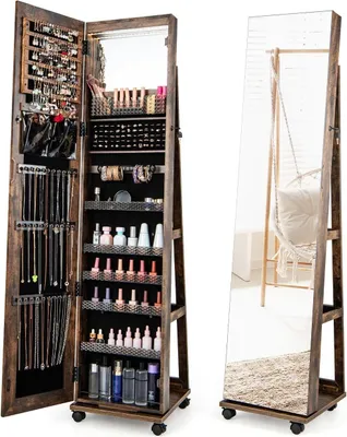 Produktbild von GOPLUS Schmuckschrank mit Ganzkörperspiegel, Spiegelschrank Schmuck mit Beleuchtung & Ablage, Schmuckaufbewahrung mit Rollen, abschließbarer Schmuck-Organizer für Schlafzimmer, Ankleideraum (Kaffee)