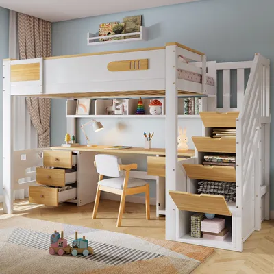 Produktbild von Merax Etagenbett Hochbett 90x200cm mit Schreibtisch und Hängeregal, Kinderbett mit Stauraumtreppe und Schubladen, Funktionsbett aus Holz, Weiß+Natur