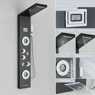 Obrázok produktu pre Sprchový panel Vežová sprchová batéria 304 nerezová oceľ Sprchový systém Sprchový stĺp Vodopádová dažďová sprcha Masážne trysky Ručná sprcha a vaňová výpusť Sprchový systém, čierny