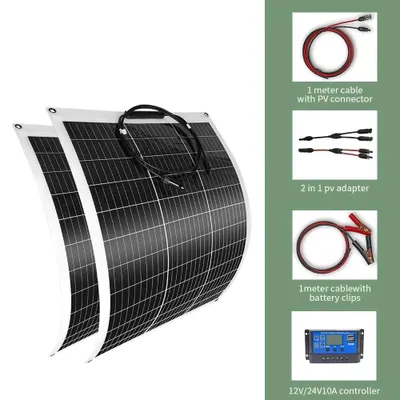 Obrázok produktu pre Solárne panely - 200 W - Solárny systém - Monokryštalický solárny set - Flexibilný - Vodotesný - 2 sady po 200 W