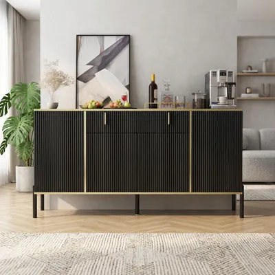 Produktbild von 160 cm Sideboard mit 1 großen Schublade 4 Türen, Kommode mit Verstellbaren Einlegeböden, mit 5 Füßen, Schwarz und Gold, 160 x 40 x 80 cm