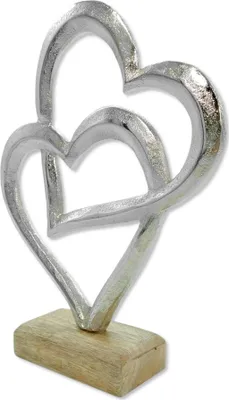Produktbild von Metall Figur zwei Herzen auf Holz-Fuß 15 x 20cm Dekofigur Tisch-Deko Metallherz Skulptur