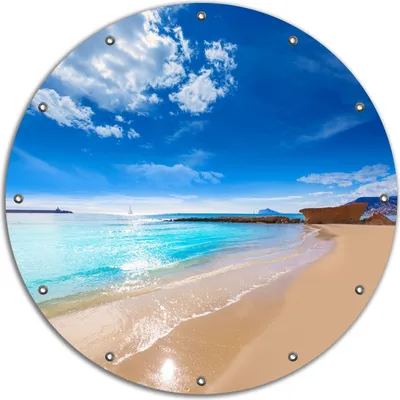 Produktbild von Wallario rundes Outdoor-Poster für Garten oder Balkon, Motiv Traumstrand unter blauem Himmel, 90 cm Durchmesser