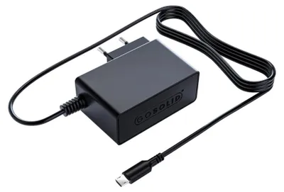 A black power adapter with a USB-C cable and European plug.