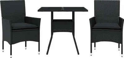 Produktbild von vidaXL 3-tlg. Garten-Essgruppe mit Kissen Schwarz Poly Rattan Glas