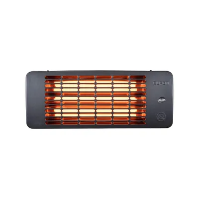 A black infrared heater with glowing orange heating elements, shown against a white background.