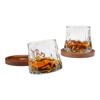 Obrázok produktu pre Otočné poháre na whisky - darčeková súprava na whisky s drevenými podložkami v