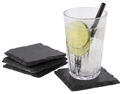 Schiefer-Untersetzer 10x10 cm, 4er-Set, quadratisch, mit Antirutschfüßen