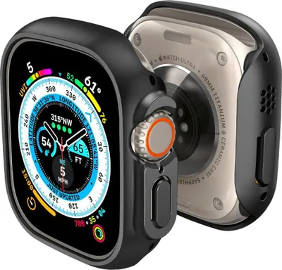 A black protective case for an Apple Watch Ultra is shown, with the back of the watch also visible.