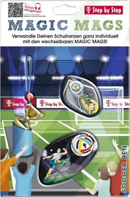 Packaging for soccer-themed school bag accessories, showing a soccer field and stadium.