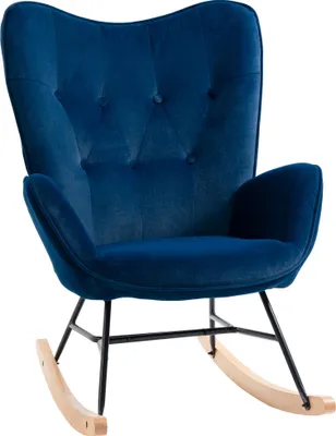 Image de HOMCOM Fauteuil à Bascule, Rocking Chair, fauteuil allaitement confortable avec Structure en bois massif et métal pour Salon, Chambre, Balcon, Velours Bleu