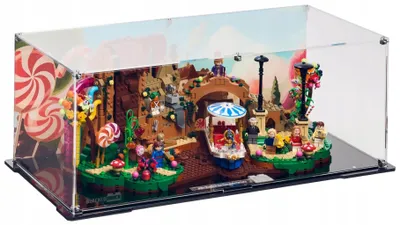 Productafbeelding van Zwarte vitrine met bedrukte achterwand voor LEGO® 21360 Ideas – Willy Wonka en de chocoladefabriek