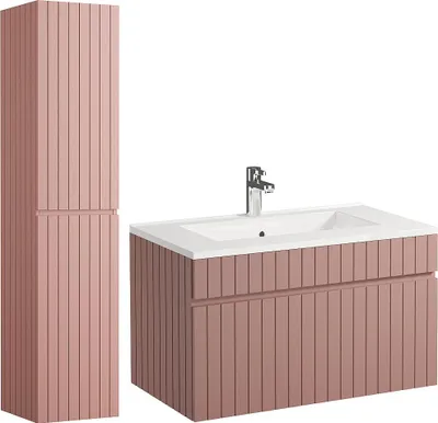 Produktbild von Waschbeckenunterschrank hängend mit Ablagen & Einbauwaschbecken - Streifenoptik - Rosa - 80 cm - SATARA