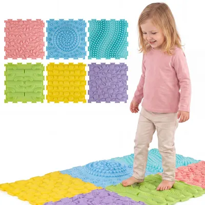 Productafbeelding van COSTWAY sensorische vloermatten, set van 6, orthopedische speelmat voor kinderen vanaf 3 jaar, modulaire puzzelmat, sensorische massagemat met verschillende patronen