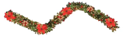 Produktbild von 180 cm lange künstliche Weihnachtsgirlande mit Lichtern, simulierten Stechpalmenblüten, roten Beeren und Kugeln aus künstlichem Rattan. Geeignet für Kaminsims, Veranda und als Dekoration für drinnen und draußen.