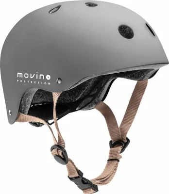 A gray freestyle helmet with tan straps, shown against a white background.