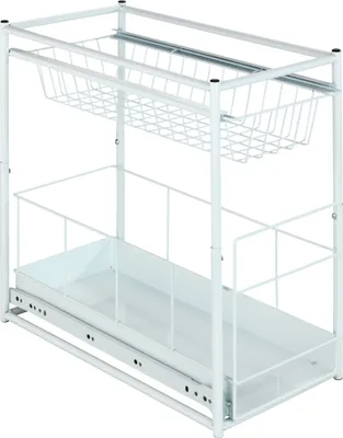 A white wire shelving unit with two baskets and a pull-out drawer.