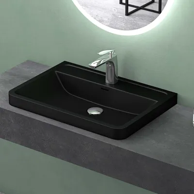 Produktbild von Mai & Mai Waschbecken 60 cm Rechteckige Waschschale Einbauwaschbecken aus Mineralguss Schwarz matt mit Überlauf und Armaturloch Colossum08