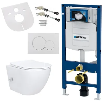 Produktbild von Geberit WC-Komplettset AL55800-SET, Vorwandelement, Softclose-Deckel & Betätigungsplatte 3/6 L, wandhängend, Vormontiert, 400 kg belastbar, Keramik-WC