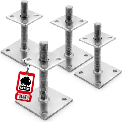 Four metal post anchors with threaded rods and square base plates are arranged on a white background. A red tag with a black bison logo and text is attached to one of the anchors.