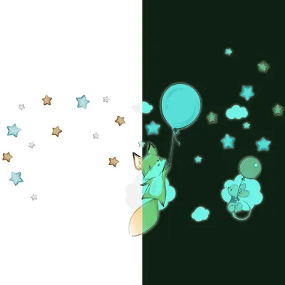 Produktbild von Leuchtsticker – Fuchs und fliegende Maus + 80 Sterne – Fluoreszierender Wand-/Deckensticker für Kinder – 120 x 160 cm
