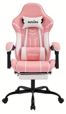 Produktbild von Gaming-Stuhl – Ergonomischer Bürostuhl mit Fußstütze und 135° Neigungsmechanismus – Rosa-Weiß