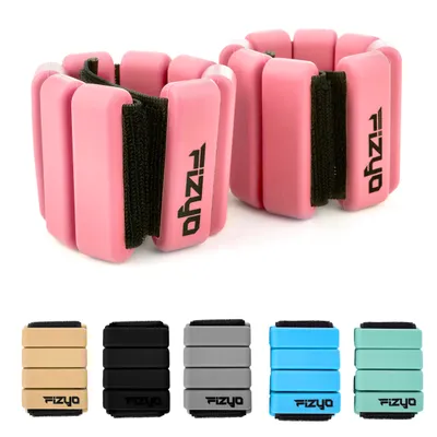 A product shot of pink ankle and wrist weights, with a row of other colored weights below.